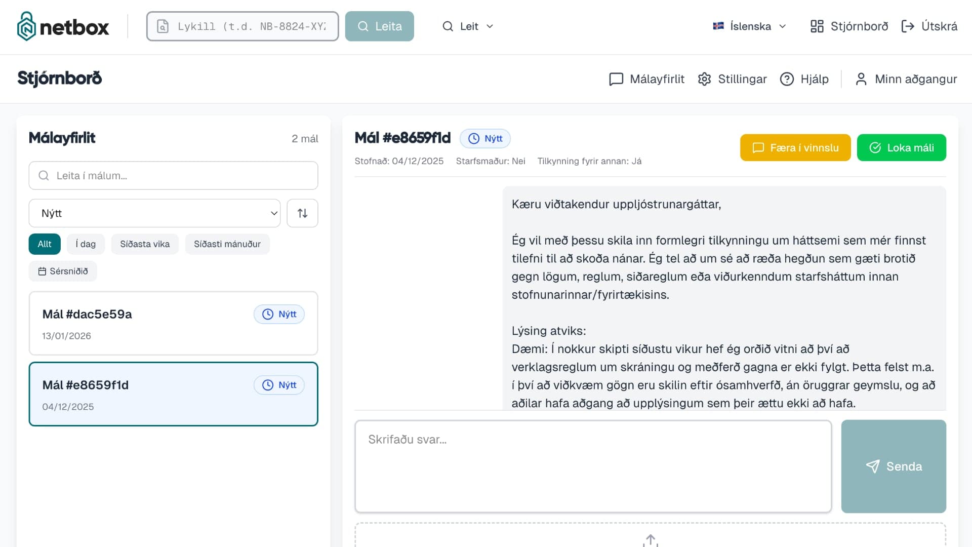 Netbox: a dashboard with a case overview and secure, anonymous messaging with whistleblowers