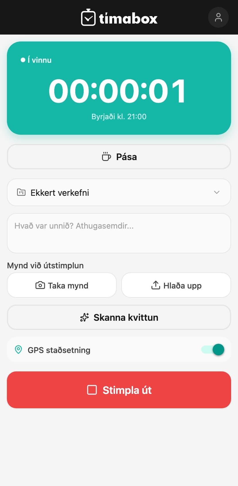 The Tímabox app: a time clock with GPS location and a receipt scanner