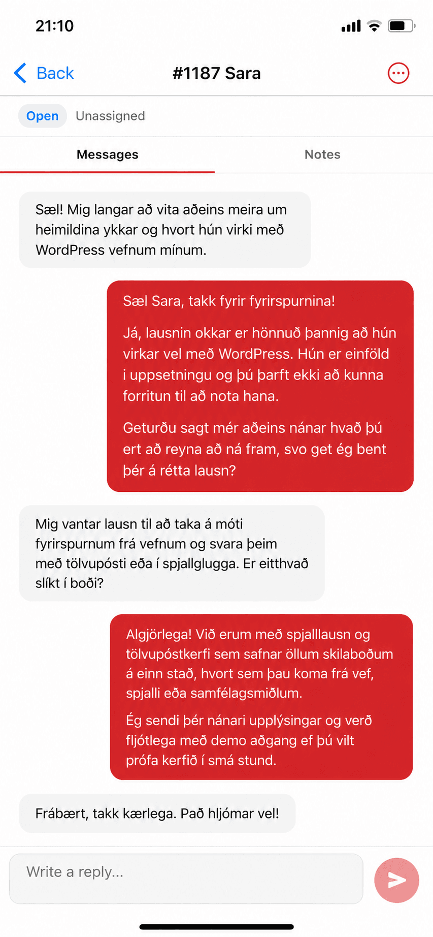 A Spjallbox conversation as it appears when replying from the app
