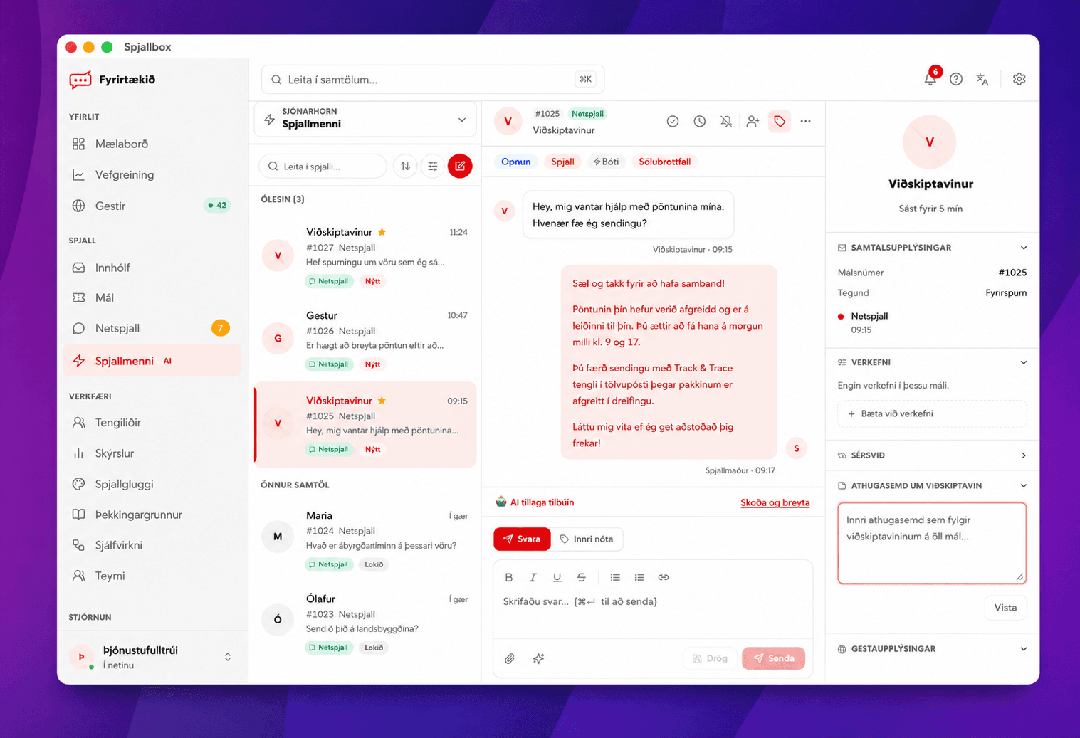 Spjallbox: an Instagram inquiry with an AI draft ready for review
